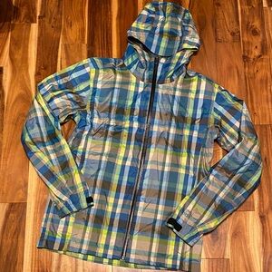 Columbia Boys Size XL Blue, Green & Gray Plaid Rain Jacket/Windbreaker